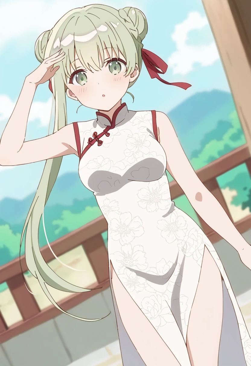 1girl, cecilia \(shiro seijo to kuro bokushi\), anime screencap, solo, chinese clothes, china dress, double bun, green eyes, looking at viewer, short sleeves, eyebrows visible through hair, green hair, white dress, hair between eyes, medium breasts, parted lips, arm up, :o, floral print, cowboy shot, red ribbon, hair ribbon, hand up, blurry, blurry background, very long hair, side slit, standing, sleeveless dress, depth of field, sidelocks, dutch angle, contrapposto, pelvic curtain, bare arms, print dress, twintails, alternate hairstyle, leaning to the side, blush, floating hair, grey eyes <lora:cecilia_shiro_seijo_sdxl_locon_ani_v1:0.7>