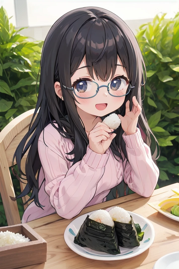 masterpiece, best quality,
1girl, solo, glasses, black hair, long hair, white ribbed sweater, happy, smile, looking at viewer, open mouth, solo focus, sitting, across table, 
onigiri, food, food focus, still life, plate, rice, table, wooden table, nori (seaweed)
 <lora:onigiri_SD15_V1:1>