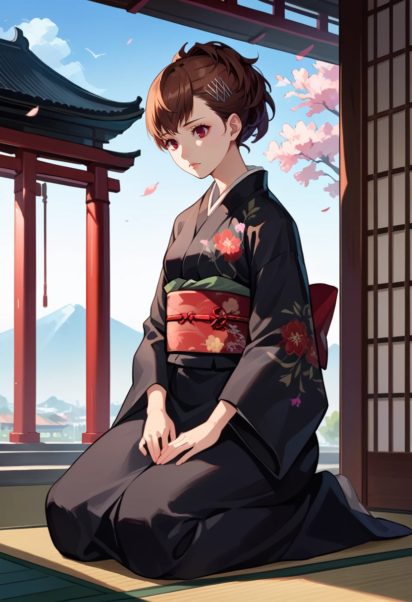 score_9, score_8_up, score_7_up, source_anime, solo, 1girl, shiomi kotone, expressionless, kneeling, hairclip, black kimono, floral print, sash, obi, east asian architecture <lora:persona3_shiomi_ponyXL:1>