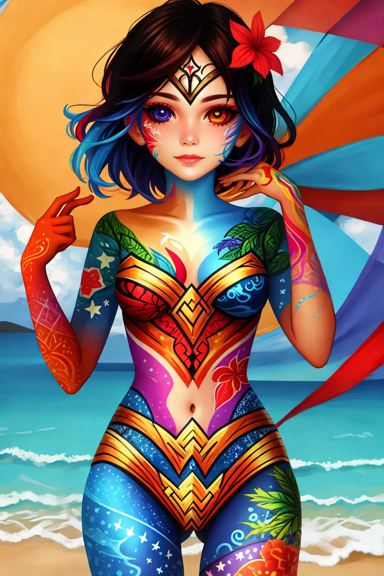 (((Ultra-HD-quality-details))) 1girl, colorful-body-painting, ww-body-painting , beach, bokeh , heterochromia <lora:ww-body-painting:1>