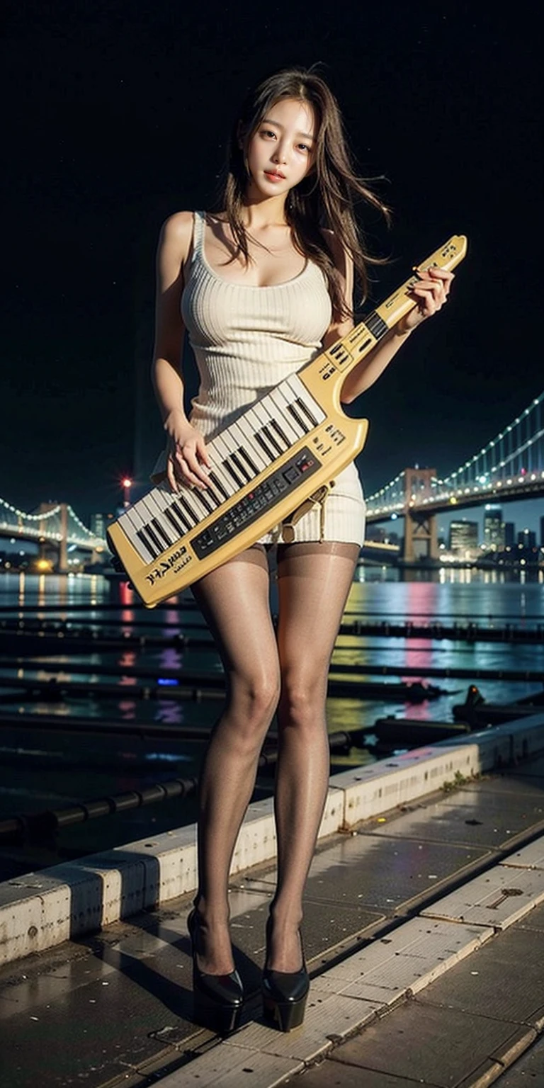 1girl, playing keytar, yellow keytar, full body, 
big breasts, (pantyhose, high-heels, bare arms), sweater, 
wearing short,
stand, outdoor, river, bridge,

masterpiece, best quality, 8k