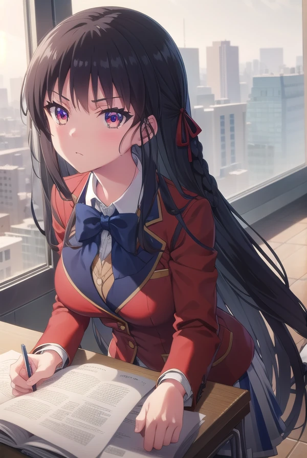 suzunehorikita, <lora:suzune horikita s2s3-lora-nochekaiser:1>,
suzune horikita, long hair, black hair, (red eyes:1.3), hair ribbon, braid,
BREAK bow, school uniform, jacket, bowtie, blue bowtie, blazer, (red blazer:1.5), skirt, white skirt,
BREAK indoors, classroom,
BREAK looking at viewer, (cowboy shot:1.5),
BREAK <lyco:GoodHands-beta2:1>, (masterpiece:1.2), best quality, high resolution, unity 8k wallpaper, (illustration:0.8), (beautiful detailed eyes:1.6), extremely detailed face, perfect lighting, extremely detailed CG, (perfect hands, perfect anatomy),