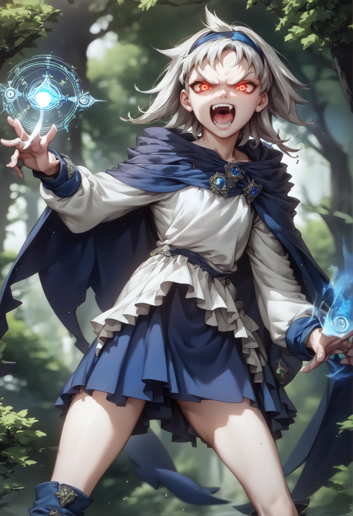 1girl, solo, medium hair, white hair, spiked hair, casting spell, spell, blue magic, red hair, evil smile, open mouth, fang, saliva, tall boots, bangs, blue airband, white shirt, blue cape, bare legs, standing, angry, cowboy shot, front view, glowing eyes, outdoors, forest <lora:sierra XL:1>, score_9, score_8_up, score_7_up, score_6_up, score_5_up, score_4_up, BREAK source_anime, masterpiece