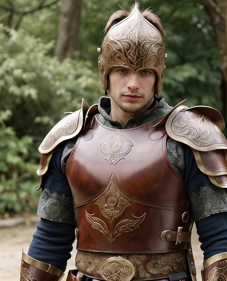 (masterpiece:1.2), (best quality,:1.2), 8k, HDR, ultra detailed, ((photorealistic)), professional light, cinematic lighting, fashion photography, ambient lighting, face lighting, <lora:detail_slider_v4:1>, Fantasy picture, a male warrior wearing (helmet), intricate leather armor, shoulder armor, belt, bracers, FanAm, <lora:Armor-10:0.7>, epiCPhoto