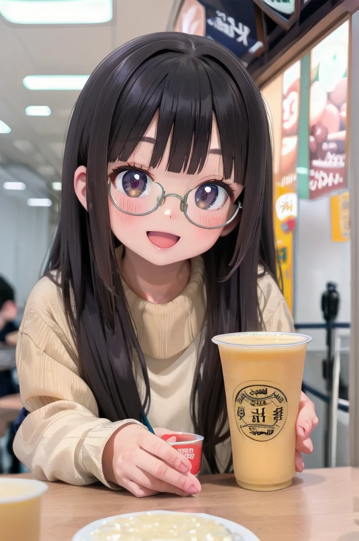 masterpiece, best quality,
1girl, solo, glasses, black hair, long hair, white ribbed sweater, happy, smile, looking at viewer, open mouth, solo focus, sitting, across table, 
mixjuice, cup, blurry, holding, blurry background, depth of field, holding can, english text, drink, pov, disposable cup, still life, food focus
 <lora:mixjuice_SD15_V1:1>