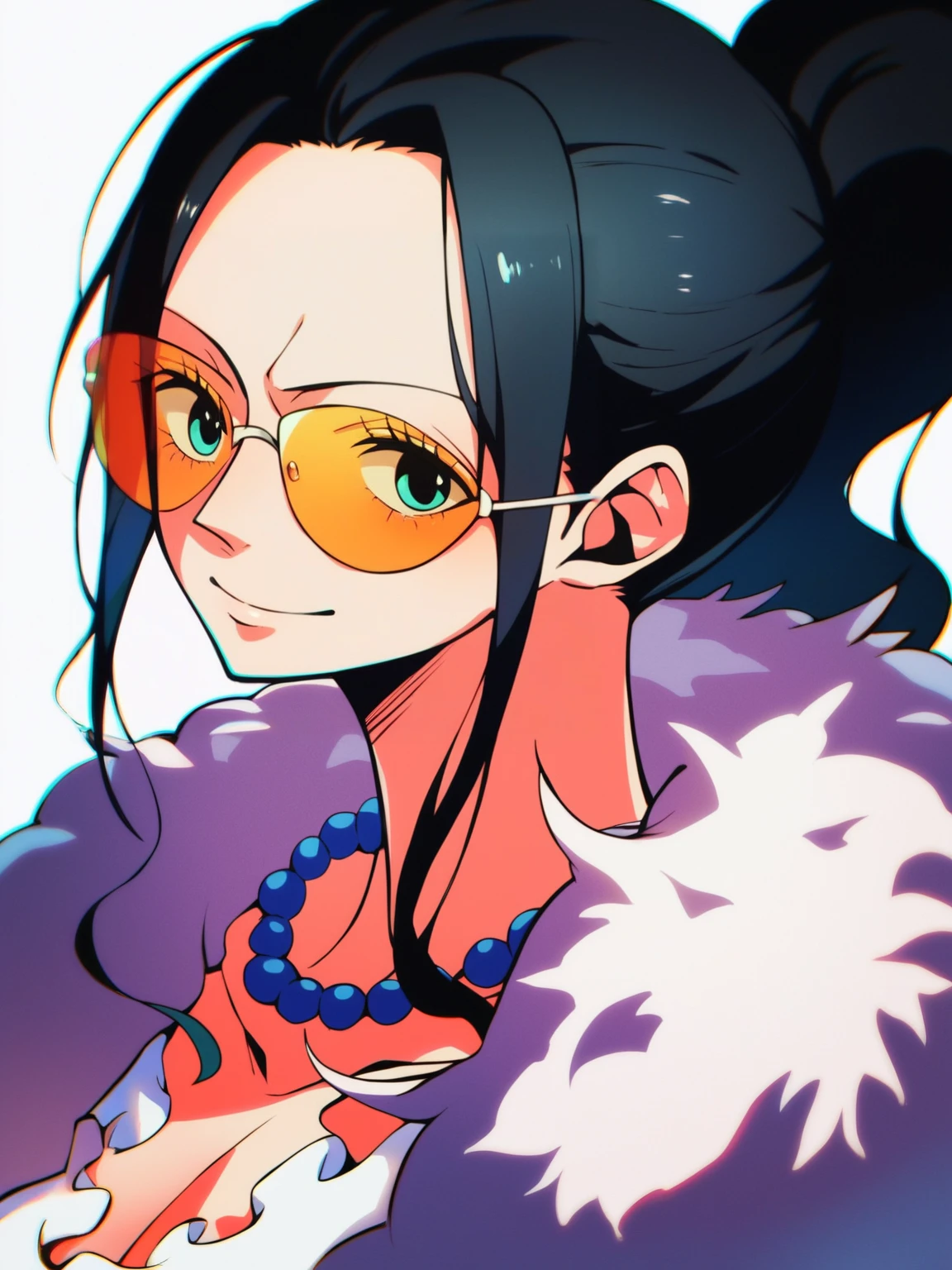 score_9, score_8_up, score_7_up, score_6_up, score_5_up, score_4_up, BREAK, source_anime, 1girl, nico robin wearing  a white short dress with a blue feather boa, nicogold, necklace, sunglasses, black hair, ponytail,
upper body, looking at viewer, simple background   <lora:NicoRobinGoldXL:1>