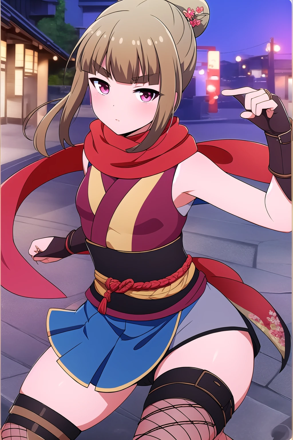 (masterpiece, best quality), highly detailed background, perfect lightingbest quality, fujimiyasakura, solo, outdoors, ninja, light brown hair, hair bun, blunt bangs, long hair, sidelocks, thick eyebrows, pink eyes, small breasts, red scarf, short kimono, sleeveless kimono, crop top, bridal gauntlets, fingerless gloves, blue skirt, miniskirt, fishnet thighhighs, japanese clothes, ninja mask, <lora:Fujimiya-Sakura:0.7>