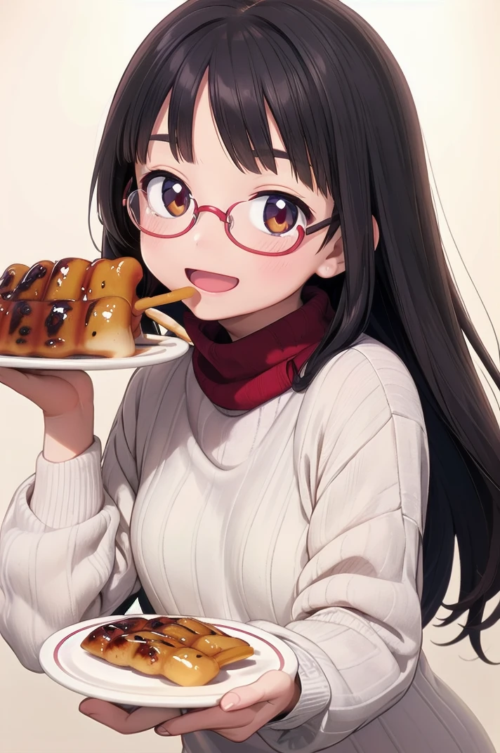 masterpiece, best quality,
1girl, solo, glasses, black hair, long hair, white ribbed sweater, happy, smile, looking at viewer, open mouth, solo focus, holding, 
mitarashidango, wagashi, food focus, food, still life, realistic, plate, simple background
 <lora:mitarashidango_SD15_V1:1>