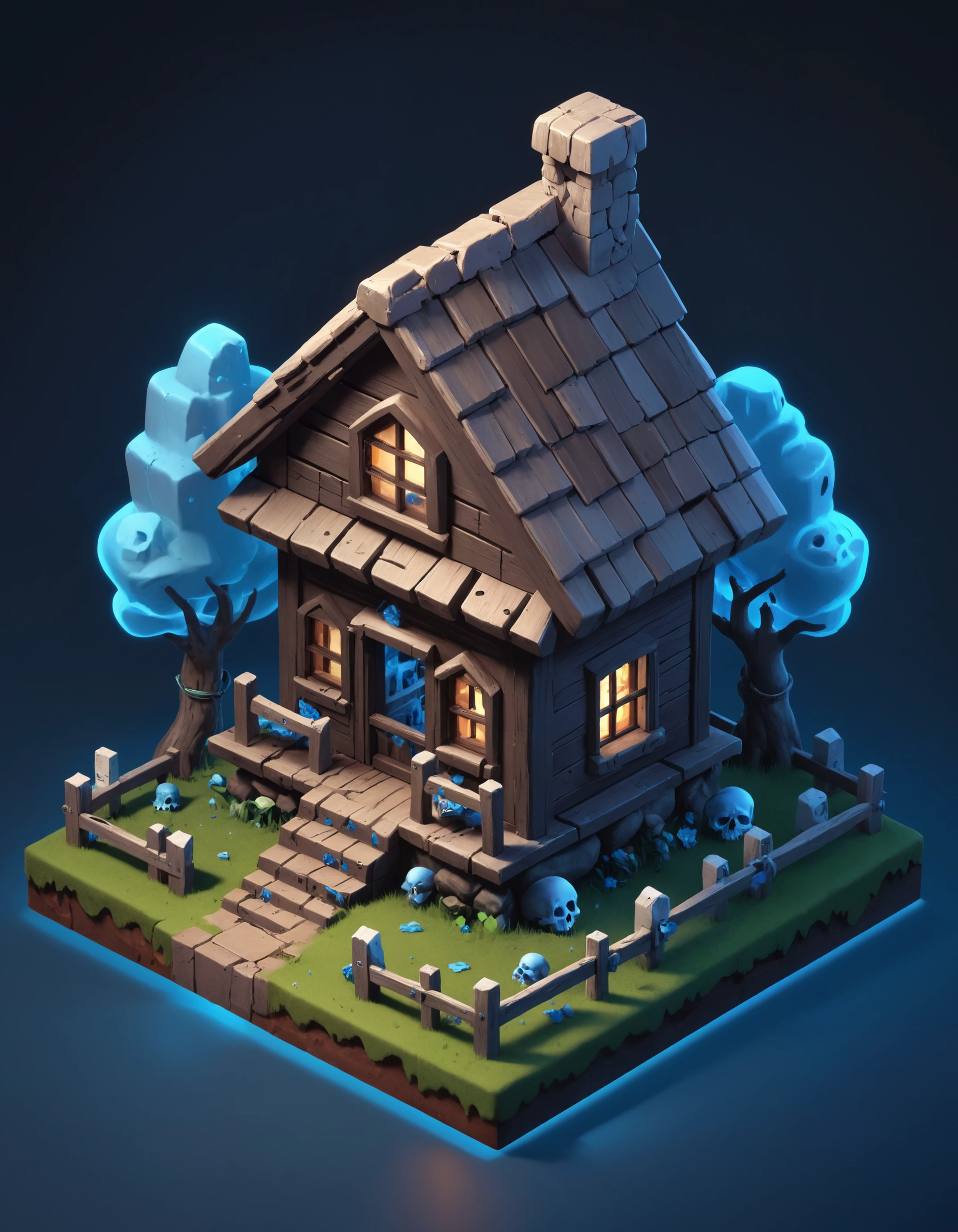 old wooden shack, spooky graveyard, graves, glowing blue lights, isometric, zavy-ctsmtrc, art,