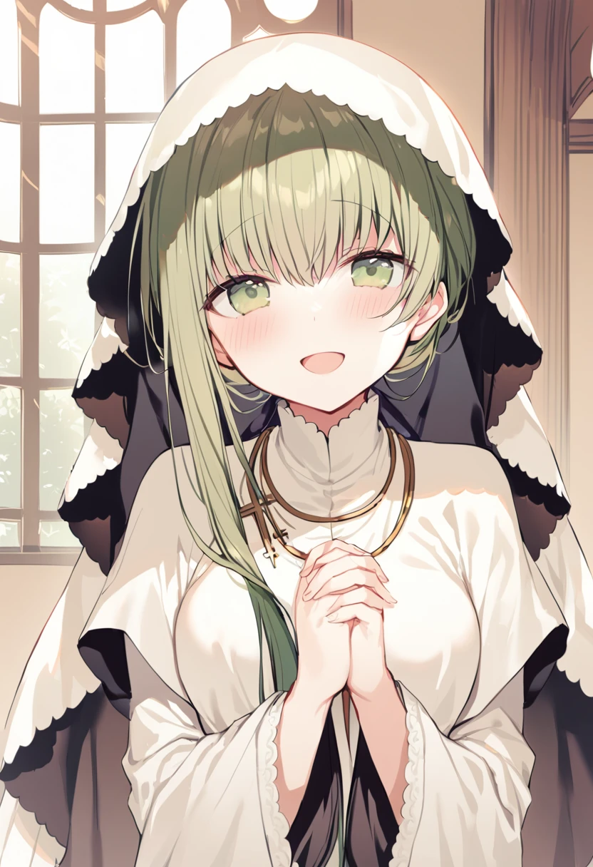 1girl, cecilia \(shiro seijo to kuro bokushi\), solo, smile, open mouth, blush, eyebrows visible through hair, :d, long sleeves, hair between eyes, looking at viewer, own hands together, upper body, wide sleeves, green eyes, hands up, white dress, veil, jewelry, interlocked fingers, latin cross, very long hair, white capelet, cross necklace, ponytail, capelet, green hair, side ponytail, puffy sleeves, hood up, two-tone background, head tilt, own hands clasped, white shirt, hands on own chest, fingernails, indoors, window, church, masterpiece, best quality <lora:cecilia_shiro_seijo_sdxl_locon_ani_v1:0.7>