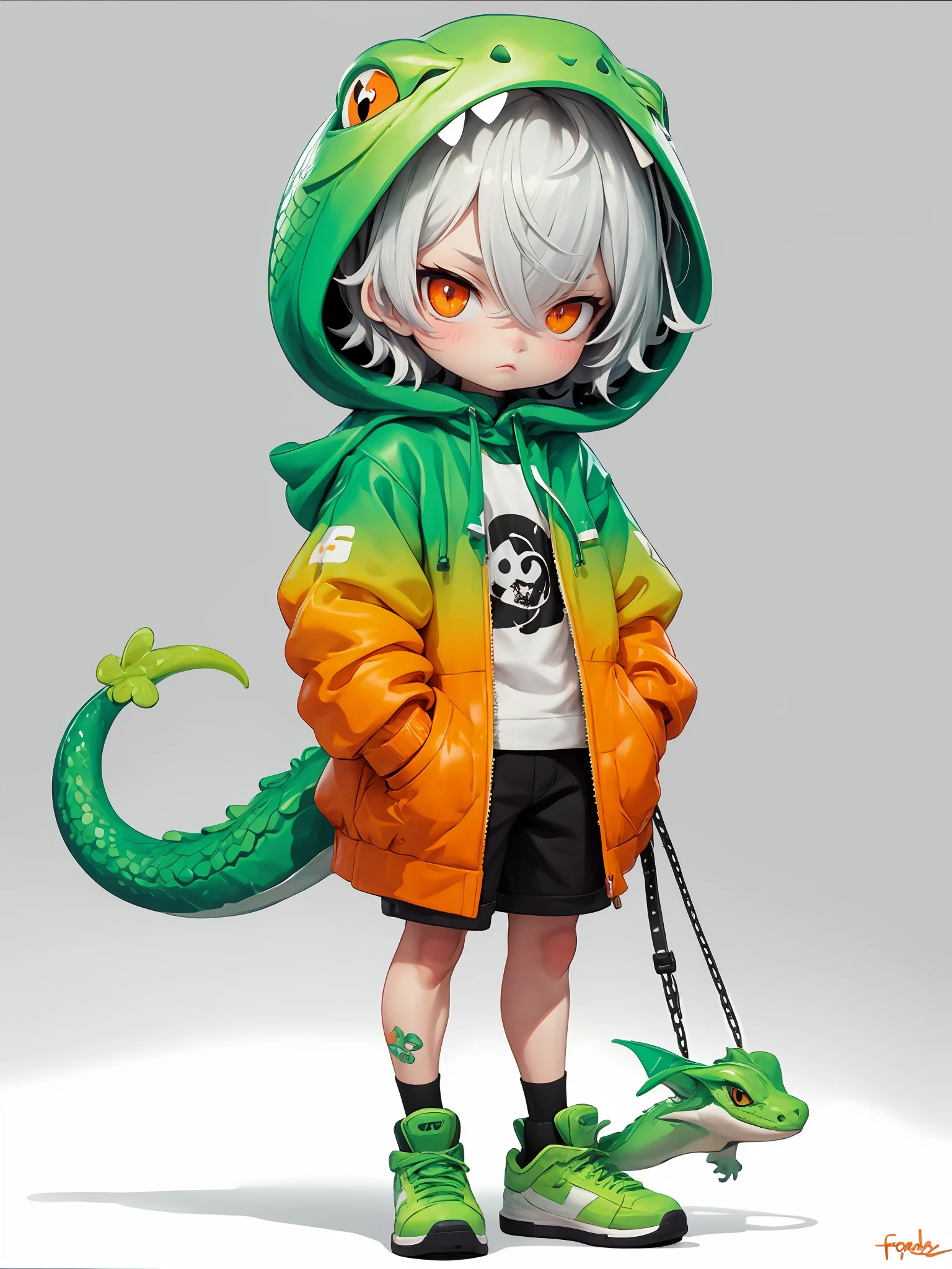 hezi, 3d, Bubble Mart, rich color, q version, 1boy, solo, male focus, chibi, hood, tail, looking at viewer, standing, grey hair, red eyes, orange eyes, hair between eyes, closed mouth, snake tail, full body, green footwear, hood up, slit pupils, cosplay, long sleeves, shoes, shorts, hoodie, letterboxed, sleeves past wrists, jacket, open clothes, bangs, gradient, personification, gradient background, green hoodie, scales, hand in pocket, simple background, short hair, green jacket, hooded jacket, dragon tail, pocket, bandaid, signature, white hair, shadow, artist name, frown, virtual youtuber, lizard tail<lora:Bubble Mart-000004:0.6>