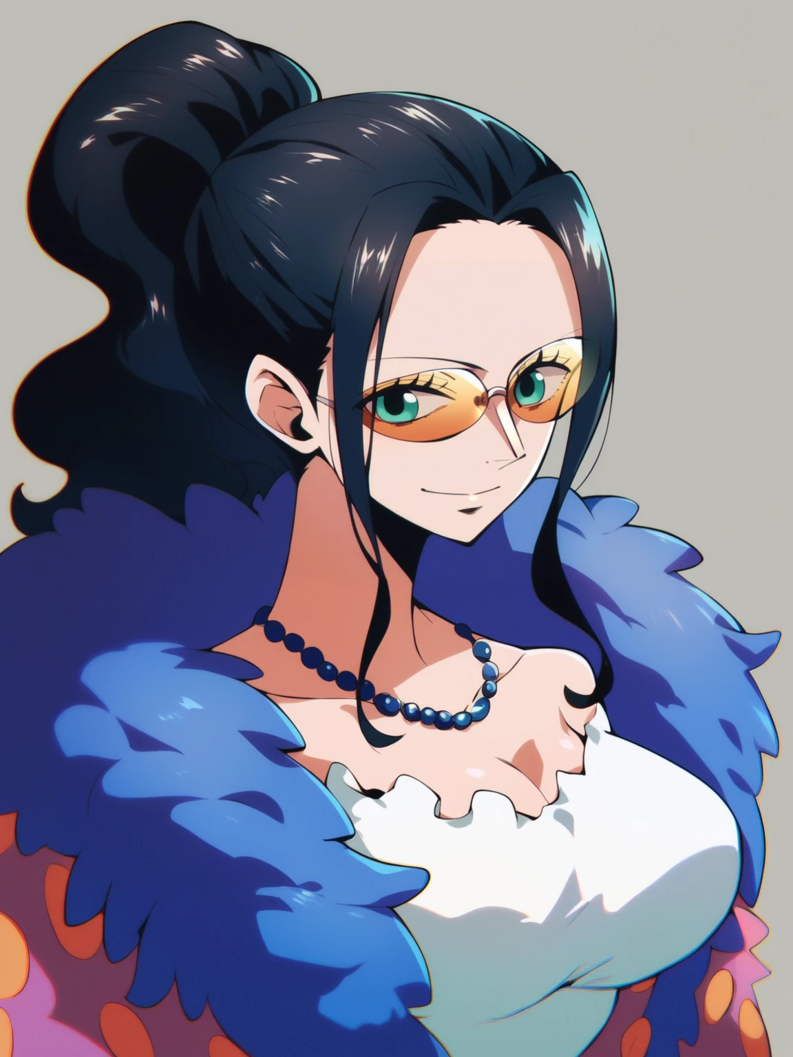 score_9, score_8_up, score_7_up, score_6_up, score_5_up, score_4_up, BREAK, source_anime, 1girl, nico robin wearing a white short dress with a blue feather boa, nicogold, clothing cutout, cleavage, sunglasses, black hair, ponytail,
upper body, looking at viewer, simple background <lora:NicoRobinXL:1>
