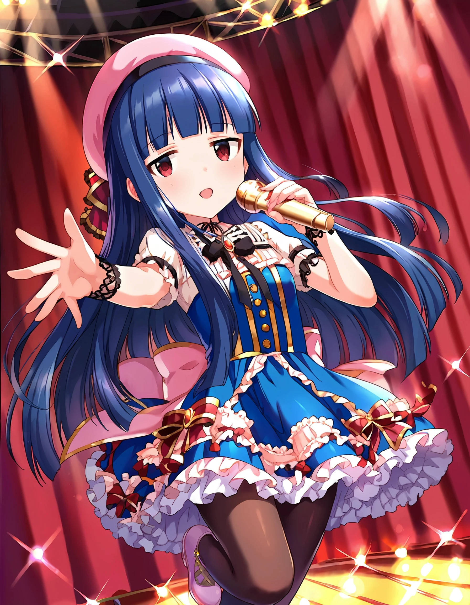 score_9, score_8_up, score_7_up, source_anime,
cinematic, pinup of 1girl, solo, dutch angle, idol, singing on stage, dancing, joyful,
sjykm, short petite, long hair, blue hair, blunt bangs, blunt ends, red eyes, sidelocks, flat chest, shy,
frilled dress, luxury blue dress, lace trim, pantyhose, beret, microphone,
<lora:SajoYukimi_pony_v1:1>