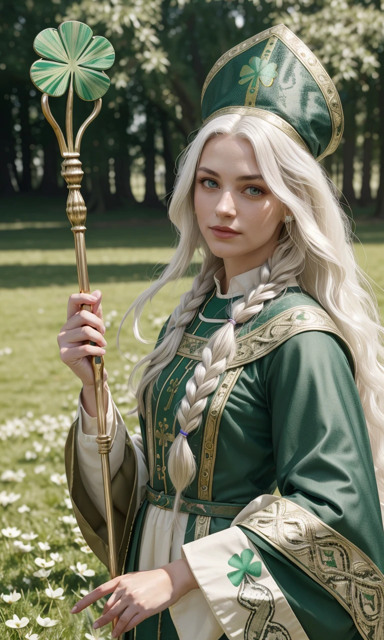 stpatt2024, 1woman, long white hair, using magical powers, 8k, uhd, masterpiece, detailed skin, skin pores, intricate, depth of field, raw image, 5 fingers, best quality, holding staff, clover, fantasy setting, snakes on the ground