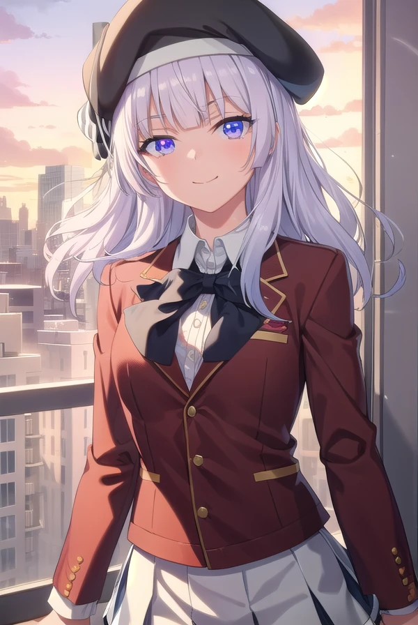 arisusakayanagi, <lora:arisu sakayanagi s3-lora-nochekaiser:1>,
arisu sakayanagi, long hair, bangs, (purple eyes:1.1), white hair, blunt bangs, smile,
BREAK skirt, shirt, gloves, long sleeves, hat, bow, school uniform, jacket, white shirt, pleated skirt, collared shirt, miniskirt, bowtie, black headwear, black bow, beret, blazer, (white skirt:1.5), (red jacket:1.5), grey skirt, black bowtie,
BREAK indoors, classroom,
BREAK looking at viewer, (cowboy shot:1.5),
BREAK <lyco:GoodHands-beta2:1>, (masterpiece:1.2), best quality, high resolution, unity 8k wallpaper, (illustration:0.8), (beautiful detailed eyes:1.6), extremely detailed face, perfect lighting, extremely detailed CG, (perfect hands, perfect anatomy),