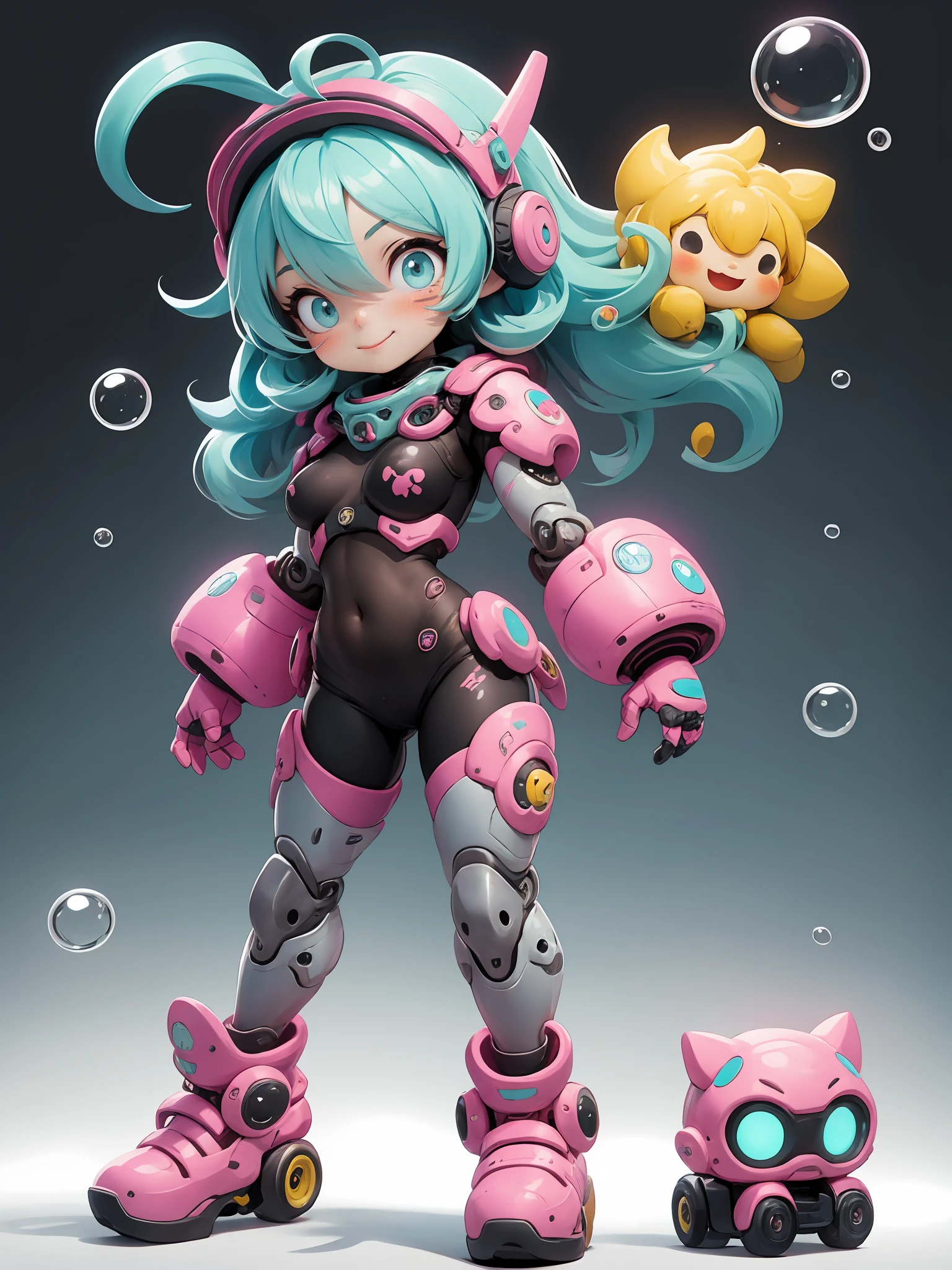 hezi, 3d, Bubble Mart, rich color, q version, 1girl, solo, smile, ahoge, blue eyes, looking at viewer, helmet, blush stickers, bodysuit, goggles, short hair, full body, blue hair, aqua hair, chibi, mecha musume, power armor, standing, aqua eyes, pink hair, breasts, multicolored hair, goggles on head, hair between eyes, gradient, glowing, oversized limbs, covered navel, closed mouth, gradient background, gauntlets, gradient hair, black background, roller skates, armor, science fiction, shadow, simple background <lora:Bubble Mart-000004:0.6>