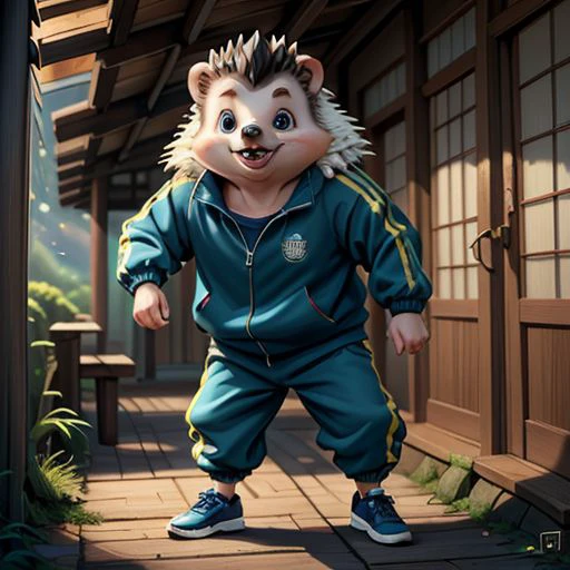 cute hedgehog ,in an japanese old wooden city, steam punk style ,wearing a (tracksuit:1.1),(updo), (4k, RAW photo, best quality, depth of field, ultra high res:1.1),(absurdres, intricate, masterpiece, ultra-detailed:1.1), anime style, illustration, flat colours,illustration