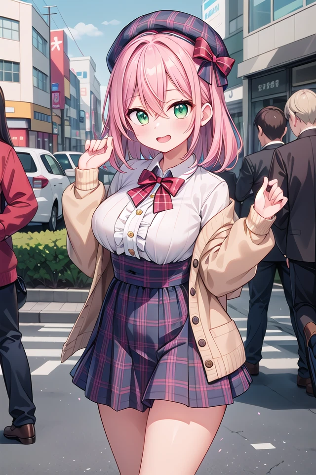 insanely detailed, absurdres, ultra-highres, ultra-detailed, best quality,
1 girl, solo, nice hands, perfect hands
BREAK
(vintage-inspired beret with flower pin:1.3), (navy and red plaid dress:1.5), (golden buttons down the front:1.2), (ivory blouse with ruffle detailing and red bow tie:1.4), (peach cardigan with cable knit pattern:1.3), (black tights:1.1), (red Mary Jane shoes:1.2)
BREAK
laugh, open mouth, wavy mouth,
cute pose, cowboy shot, looking at viewer
BREAK
slender, kawaii, perfect symmetrical face, ultra cute girl, ultra cute face, ultra detailed eyes, ultra detailed hair, ultra cute, ultra beautiful,
BREAK
in harajuku, shibuya, tokyo, street, crowd, cityscape,
large breasts
BREAK
(pink medium hair, dark green eyes), hair between eyes