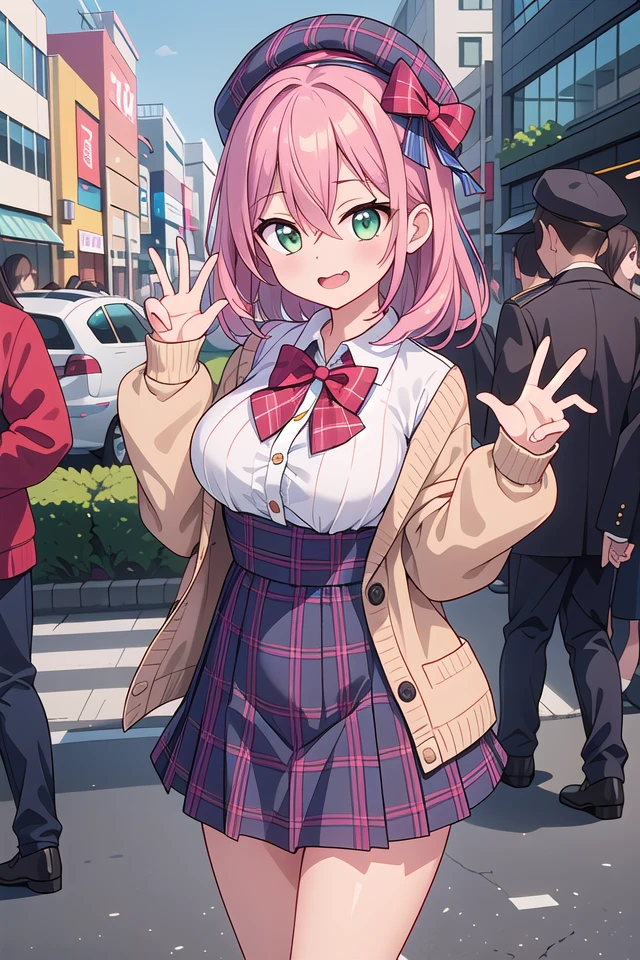 insanely detailed, absurdres, ultra-highres, ultra-detailed, best quality,
1 girl, solo, nice hands, perfect hands
BREAK
(vintage-inspired beret with flower pin:1.3), (navy and red plaid dress:1.5), (golden buttons down the front:1.2), (ivory blouse with ruffle detailing and red bow tie:1.4), (peach cardigan with cable knit pattern:1.3), (black tights:1.1), (red Mary Jane shoes:1.2)
BREAK
laugh, open mouth, wavy mouth,
cute pose, cowboy shot, looking at viewer
BREAK
slender, kawaii, perfect symmetrical face, ultra cute girl, ultra cute face, ultra detailed eyes, ultra detailed hair, ultra cute, ultra beautiful,
BREAK
in harajuku, shibuya, tokyo, street, crowd, cityscape,
large breasts
BREAK
(pink medium hair, dark green eyes), hair between eyes