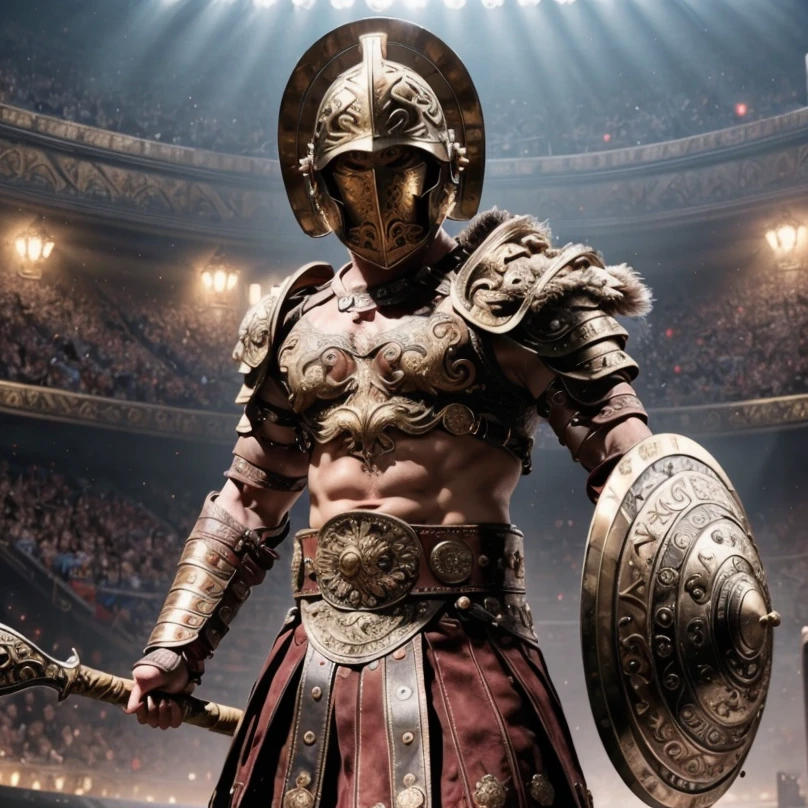 (masterpiece:1.2), (best quality,:1.2), 8k, HDR, ultra detailed, ((photorealistic)), professional light, cinematic lighting, ambient lighting,<lora:detail_slider_v4:1.5>, OverallDetail, 1man, a male roman gladiator, <lora:Gladiator-10:0.65>, bracers, belt, shoulder armor, intricate leather breastplate, cowboy shot, dynamic pose, holding a net, holding a trident, open helmet, in a roman arena, epiCPhoto
