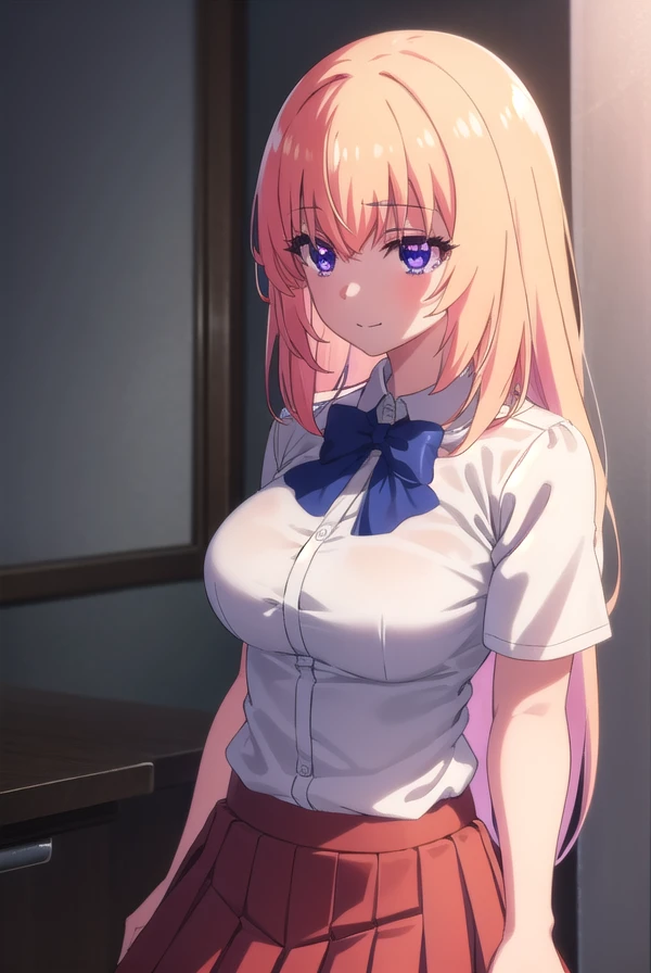 honamiichinose, <lora:honami ichinose s2s3-lora-nochekaiser:1>,
honami ichinose, long hair, blonde hair, (purple eyes:1.1), hair between eyes, smile,
BREAK skirt, bow, school uniform, pleated skirt, bowtie, blue bow, (red skirt:1.2), collared shirt, white shirt, short sleeves,
BREAK indoors, classroom,
BREAK looking at viewer, (cowboy shot:1.5),
BREAK <lyco:GoodHands-beta2:1>, (masterpiece:1.2), best quality, high resolution, unity 8k wallpaper, (illustration:0.8), (beautiful detailed eyes:1.6), extremely detailed face, perfect lighting, extremely detailed CG, (perfect hands, perfect anatomy),