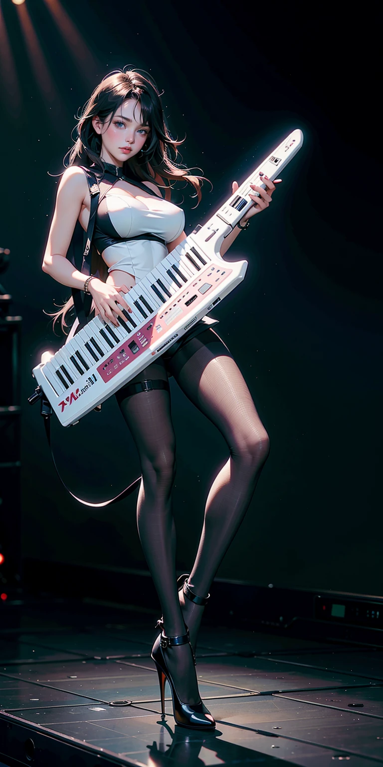 1girl, playing keytar, black keytar, full body, 
big breasts, stand, pantyhose, high-heels, on the stage, spotlight,

masterpiece, best quality, 8k