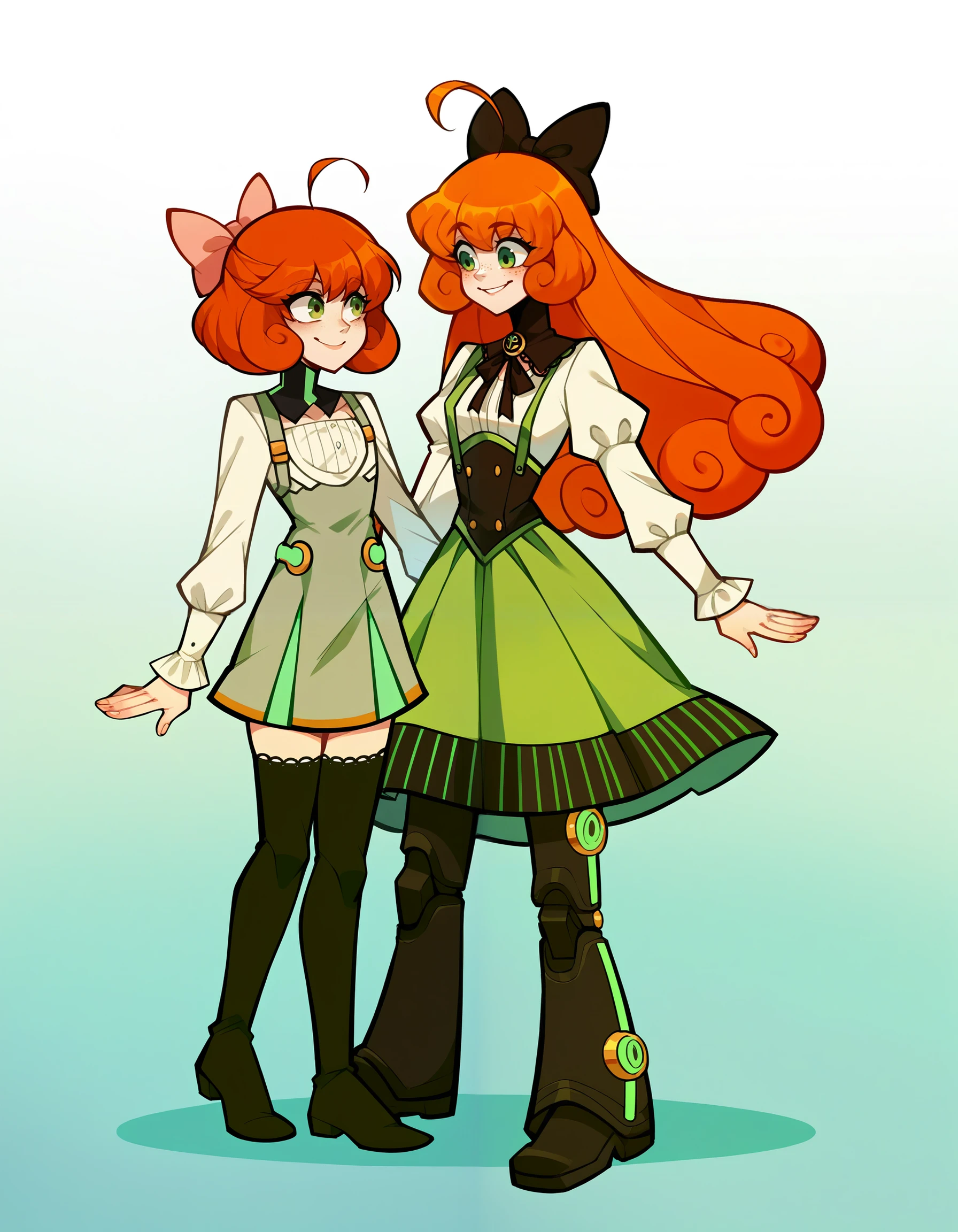 score_9, score_8_up, score_7_up, score_6_up, score_5_up, score_4_up, gradient background, 2girls, eye contact, smile, (size difference:0.2), full body, <lora:PennyPolendinaPDXL:0.5> ADDCOMM
Penny Polendina, short hair, gorget, neon trim, grey dress, short dress, pencil skirt, gold trim, black thighhighs, white blouse, long sleeves, pink bow, (looking up, short:0.5), ADDCOL
Penny Polendina, long hair, neck ribbon, suspender skirt, corset, white blouse, long sleeves, mechanical legs, neon trim, black bow, pink bow, (tall:0.5)