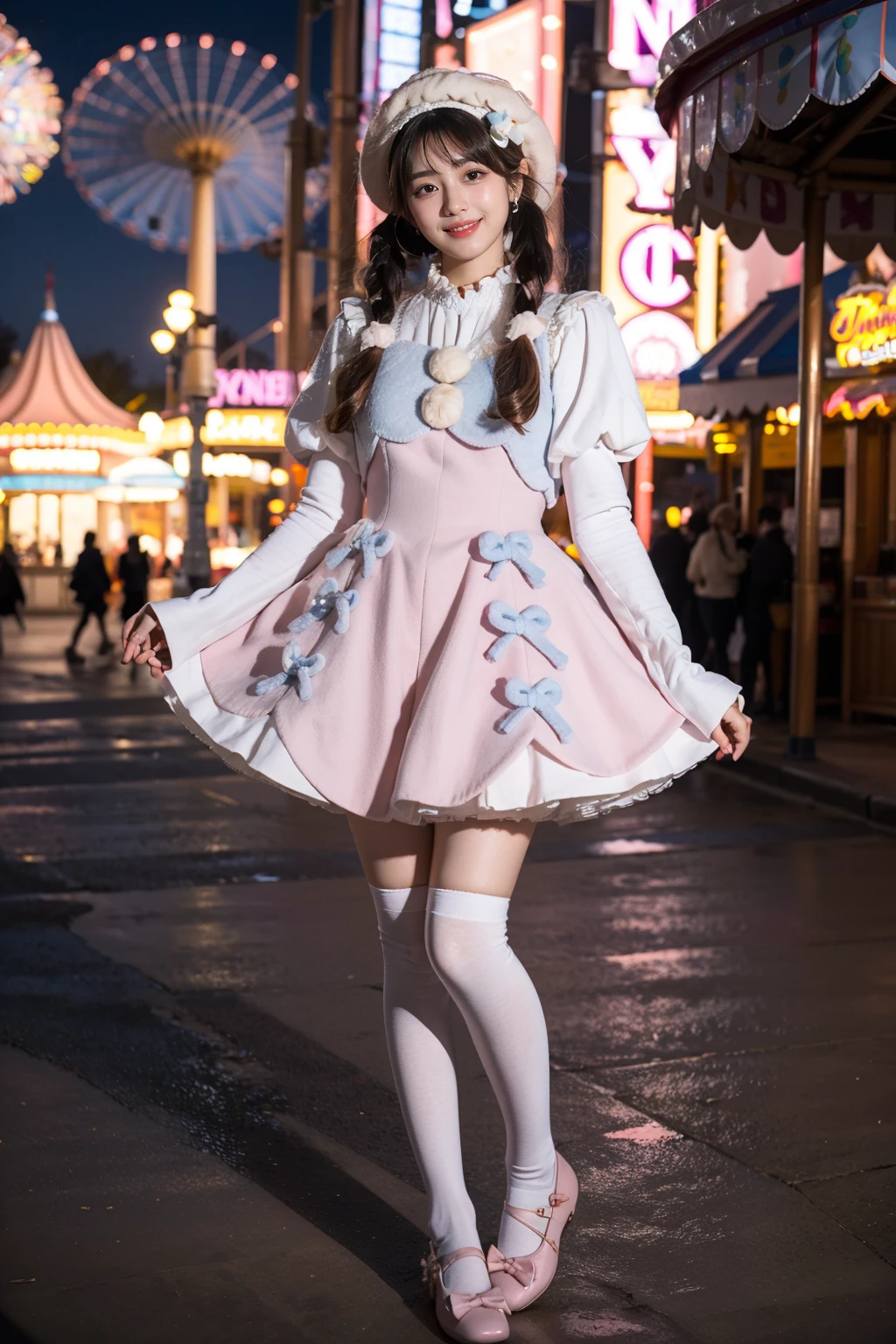 best quality, masterpiece, realistic, photorealistic, 1girl, solo, looking at viewer, smile, low twintails, bangs, standing, full body, cyb dress, pink dress, dress, pom pom, bow, long sleeves, puffy sleeves, hat, white thighhighs, pink shoes, amusement park, people, detailed background, <lora:cute_attire_style2_v1:0.75>