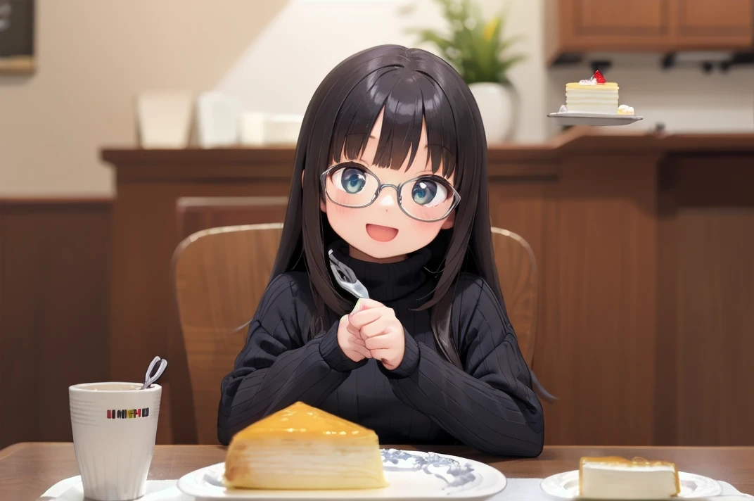 masterpiece, best quality,
1girl, solo, glasses, black hair, long hair, white ribbed sweater, happy, smile, looking at viewer, open mouth, solo focus, sitting, across table, 
millecrape, plate, food, food focus, blurry, cake, still life, blurry background, table, cake slice, indoors, depth of field, realistic
 <lora:millecrape_SD15_V1:1>