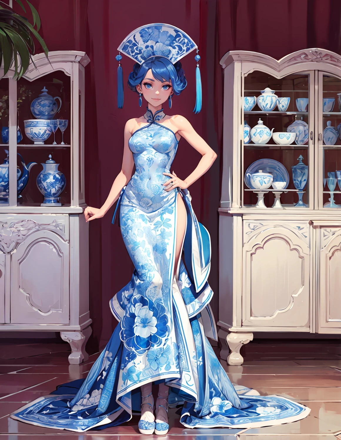 (full bodyphoto:1.3), adult woman, standing, arms down, facing viewer, wearing HUD_ch1na, asymmetrical blue and white chinoiserie porcelain colored strapless dress, brocade, pleated ruffle skirt, bare shoulders, jewelry, earrings, ring, large intricate metal carved jeweled headdress with one tassel on each side, <lora:HUD_ch1na-08a:0.6>, (curly blue hair:1.1), 4k, (giant china cupboard:1.2), smile