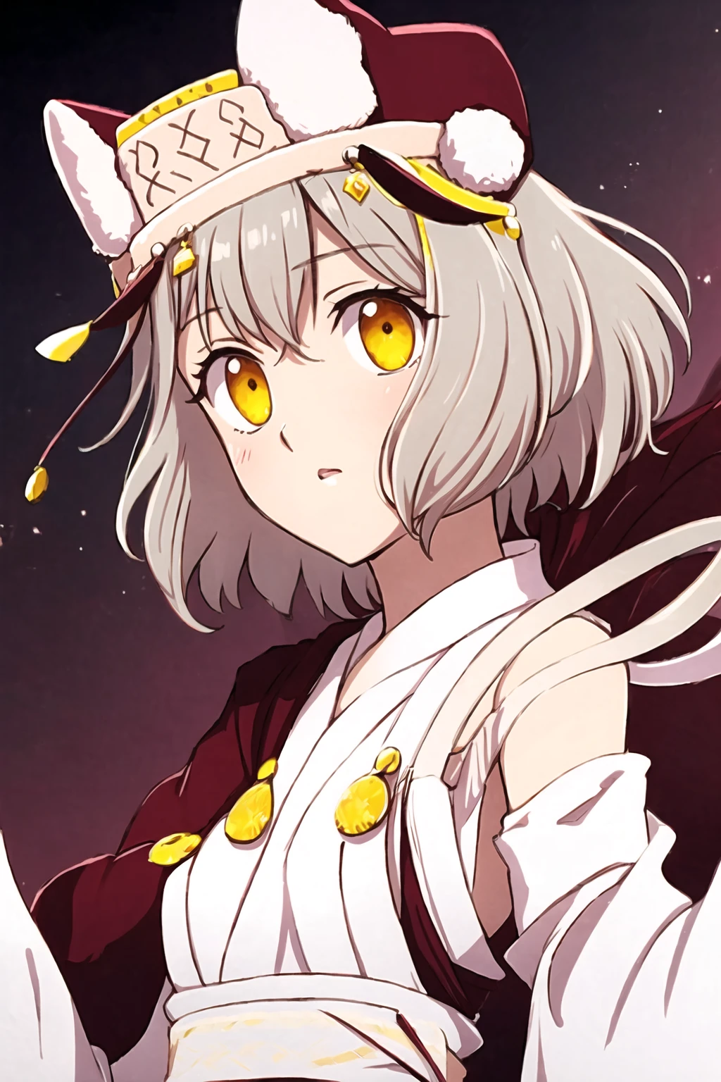 IWS, 1girl, solo, yellow eyes, short hair, hat, miko clothes, tactical helmet