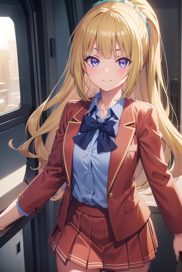keikaruizawa, <lora:kei karuizawa s2s3-pruned-lora-nochekaiser:1>, 
kei karuizawa, long hair, bangs, blunt bangs, (purple eyes:1.1), blonde hair, shirt, hair ornament, ponytail, scrunchie, blue scrunchie, smile,
BREAK skirt, shirt, bow, school uniform, jacket, (red jacket:1.2), pleated skirt, bowtie, sweater, (blue bow:1.2), (blue shirt:1.2),
BREAK indoors, classroom,
BREAK looking at viewer, (cowboy shot:1.5),
BREAK <lyco:GoodHands-beta2:1>, (masterpiece:1.2), best quality, high resolution, unity 8k wallpaper, (illustration:0.8), (beautiful detailed eyes:1.6), extremely detailed face, perfect lighting, extremely detailed CG, (perfect hands, perfect anatomy),