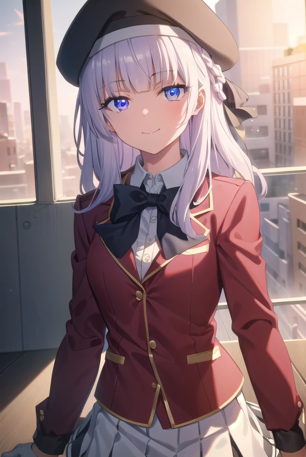 arisusakayanagi, <lora:arisu sakayanagi s3-lora-nochekaiser:1>,
arisu sakayanagi, long hair, bangs, (purple eyes:1.1), white hair, blunt bangs, smile,
BREAK skirt, shirt, gloves, long sleeves, hat, bow, school uniform, jacket, white shirt, pleated skirt, collared shirt, miniskirt, bowtie, black headwear, black bow, beret, blazer, (white skirt:1.5), (red jacket:1.5), grey skirt, black bowtie,
BREAK indoors, classroom,
BREAK looking at viewer, (cowboy shot:1.5),
BREAK <lyco:GoodHands-beta2:1>, (masterpiece:1.2), best quality, high resolution, unity 8k wallpaper, (illustration:0.8), (beautiful detailed eyes:1.6), extremely detailed face, perfect lighting, extremely detailed CG, (perfect hands, perfect anatomy),