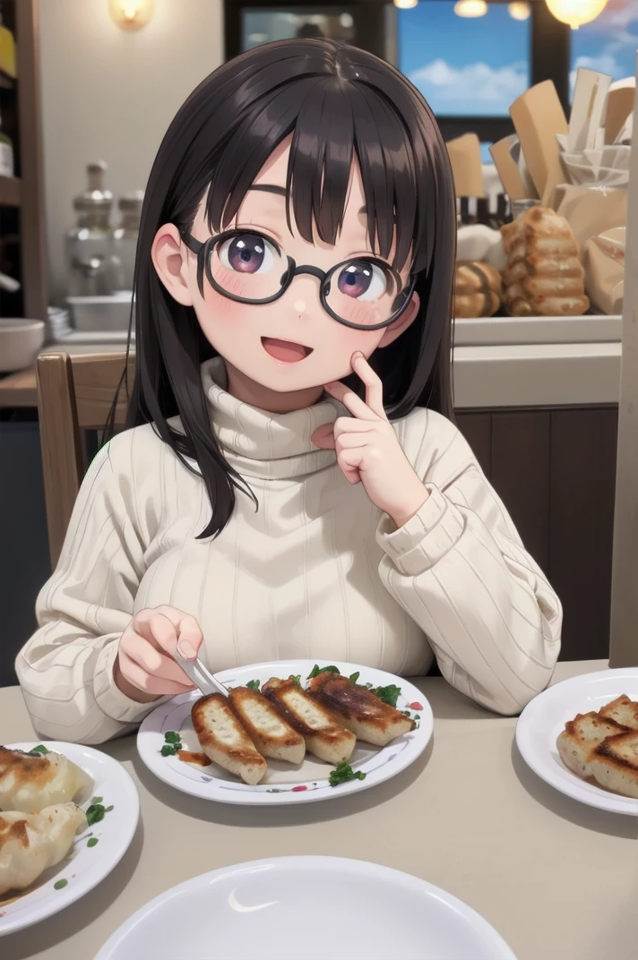 masterpiece, best quality,
1girl, solo, glasses, black hair, long hair, white ribbed sweater, happy, smile, looking at viewer, open mouth, solo focus, sitting, across table, 
gyouza, plate, food focus, still life, food, realistic, bottle, table, alcohol
 <lora:gyouza_SD15_V1:0.8>