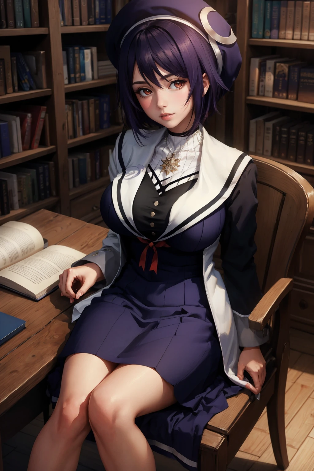 masterpiece, best quality, <lora:otodamatamako-nvwls-v1-000010:0.9> otodama tamako, black beret, necklace, sailor collar, white and black coat, purple dress, large breasts, sitting, desk, chair, book, bookshelf, looking at viewer