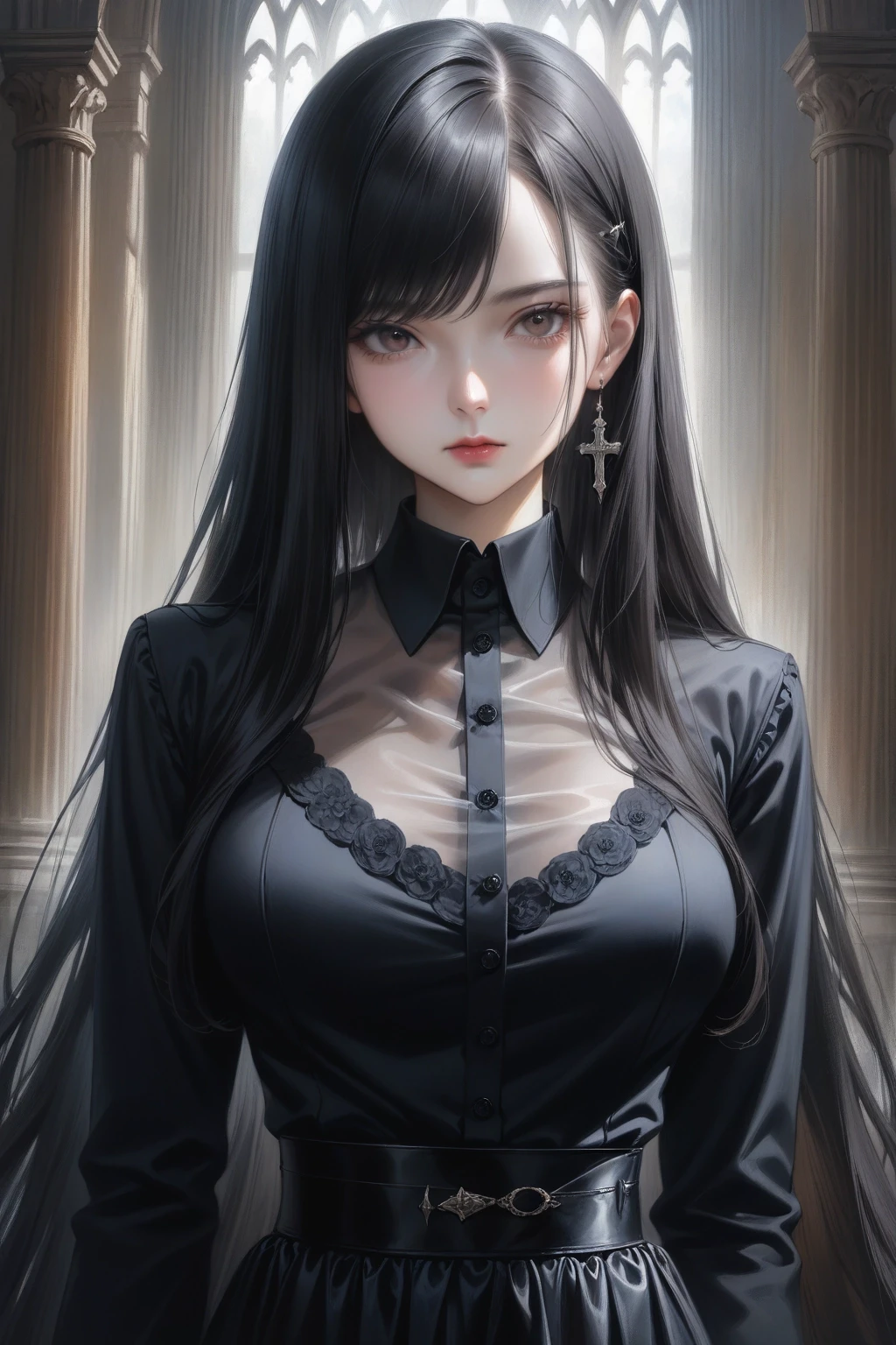 1girl, long hair, large breasts, (realistic:0.2), (gothic:0.9), general, sensitive, see-through shirt, black outfit, inticate, black hair, swept bangs, straight hair, absurdly long hair, portrait, best quality, masterpiece,