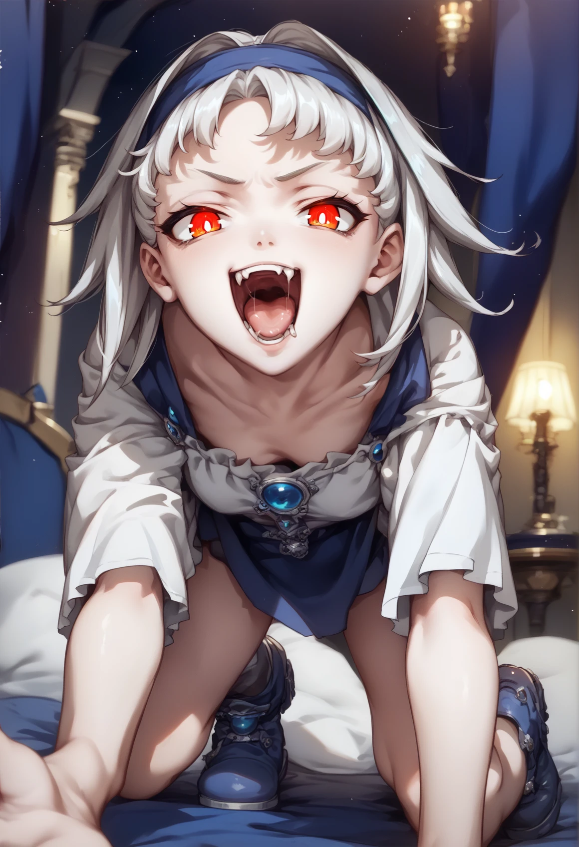 girl, solo, medium hair, white hair, spiked hair, red hair, evil smile, open mouth, fang, saliva, boots, bangs, blue airband, white shirt, bare legs, crawling, all fours, reaching towards viewer. bed, glowing eyes, indoors, night, red light, gothic castle <lora:sierra XL:1>, score_9, score_8_up, score_7_up, score_6_up, score_5_up, score_4_up, BREAK source_anime, masterpiece