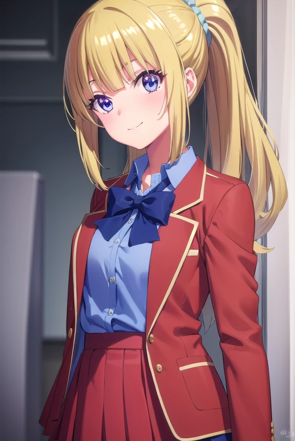 keikaruizawa, <lora:kei karuizawa s2s3-lora-nochekaiser:1>,
kei karuizawa, long hair, bangs, blunt bangs, (purple eyes:1.1), blonde hair, shirt, hair ornament, ponytail, scrunchie, blue scrunchie, smile,
BREAK skirt, shirt, bow, school uniform, jacket, (red jacket:1.2), pleated skirt, bowtie, sweater, (blue bow:1.2), (blue shirt:1.2),
BREAK indoors, classroom,
BREAK looking at viewer, (cowboy shot:1.5),
BREAK <lyco:GoodHands-beta2:1>, (masterpiece:1.2), best quality, high resolution, unity 8k wallpaper, (illustration:0.8), (beautiful detailed eyes:1.6), extremely detailed face, perfect lighting, extremely detailed CG, (perfect hands, perfect anatomy),