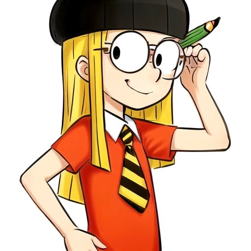 1girl, PennyCrayon, Glasses, closed mouth, Blonde Hair, long hair, beret, smile, source cartoon, opaque glasses, 1girl, red shirt, tie, upper body,  looking at viewer, short hair, flat chest, standing, adjusting glasses, white background, no background