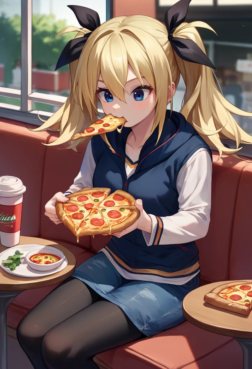 score_9, score_8_up, score_7_up, source_anime, 1girl, <lora:ArimuraCAME-000008:1>, HinaCasual, blue eyes, blonde hair, twintails, black hair ribbon, black hooded jacket, denim shorts, pantyhose,white sleeves, cafe, sitting, eating pizza,
