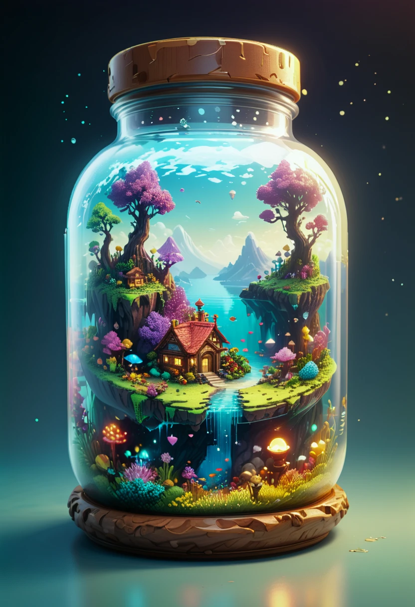 A jar encapsulating a fantastical realm, pixel art style, high saturation, vibrant hues of an enchanting landscape contained within glass, floating islands, mythical creatures visible through the transparency, twinkle of magical elements, depth illusion created by pixel gradient, ambient occlusion for a tactile feel, pixel-perfect illumination, 8-bit charm, ultrafine details, nostalgic aesthetic.