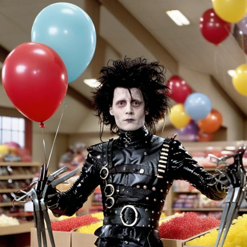 Edward1024, a man with scissorshands in leather is afraid in a balloon store <lora:Edward1024-000310:0.8>