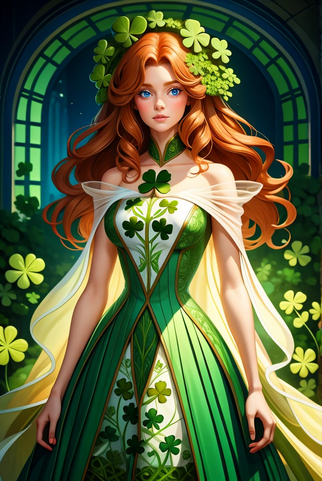 woman with long ginger hair, standing outside of ,  HUD_shmrck, a castle made of delicate shamrock leaves intricately woven together,  <lora:HUD_shmrck-08:0.6>, creating a whimsical and ethereal look, highly detailed, digital painting, artstation, concept art, smooth, sharp focus, illustration, shot with a 50mm lens, f/2. 8, HDR, (8k), (movie lighting) (dramatic lighting), (sharp focus)