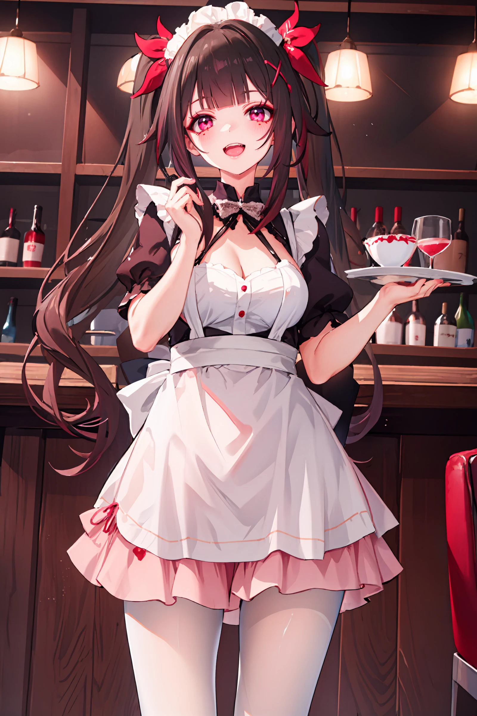 1girl ,short maid dress ,pale skin,(high resolution, high detail, best quality),
open mouth,smile,happy, blushes, gluttonous, medium breasts