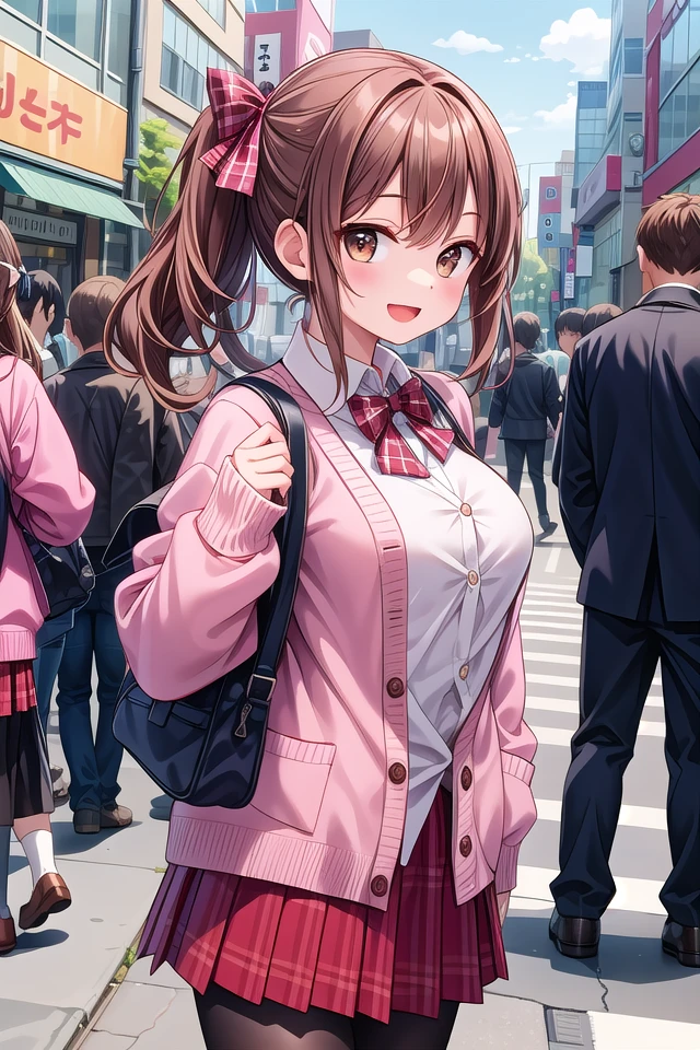 insanely detailed, absurdres, ultra-highres, ultra-detailed, best quality,
1girl, solo, nice hands, perfect hands
BREAK
(School Uniforms:1.2), (pink cardigan is fit body:1.4), ((do up a buttons, not loose):1.5), ((long sleeve, sleeves past wrists):1.2), (inner wear is white collared-shirt:1.3), (red plaid-pattern bow:1.3), (red plaid-pattern pleated skirt:1.3), ((dark-brown pantyhose, loafers):1.2)
BREAK
happy smile, laugh, open mouth, standing,
from side,
cute pose, cowboy shot
BREAK
slender, kawaii, perfect symmetrical face, ultra cute girl, ultra cute face, ultra detailed eyes, ultra detailed hair, ultra cute, ultra beautiful
BREAK
in harajuku, shibuya, tokyo, street, crowd, cityscape
BREAK
medium large breasts,
(brown hair, brown eyes), hime cut
