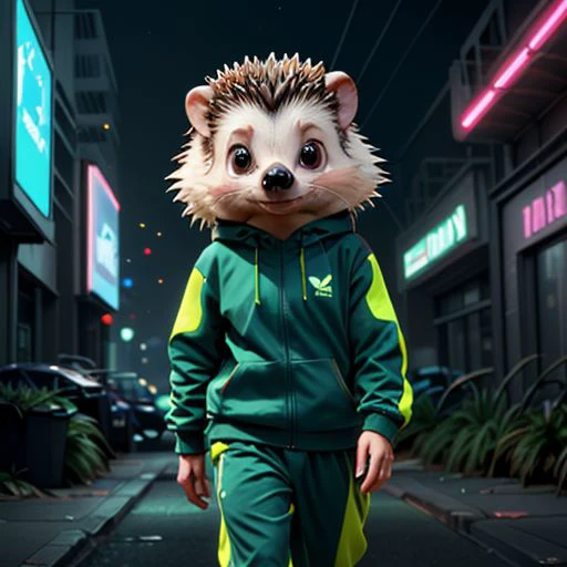 photo of cute hedgehog ,in an cyberpunk (sci-fi city),wearing a (tracksuit:1.1),(updo), neon lights, fog, dim light, night, (4k, RAW photo, best quality, depth of field, ultra high res:1.1),(absurdres, intricate, photorealistic, masterpiece, ultra-detailed:1.1),