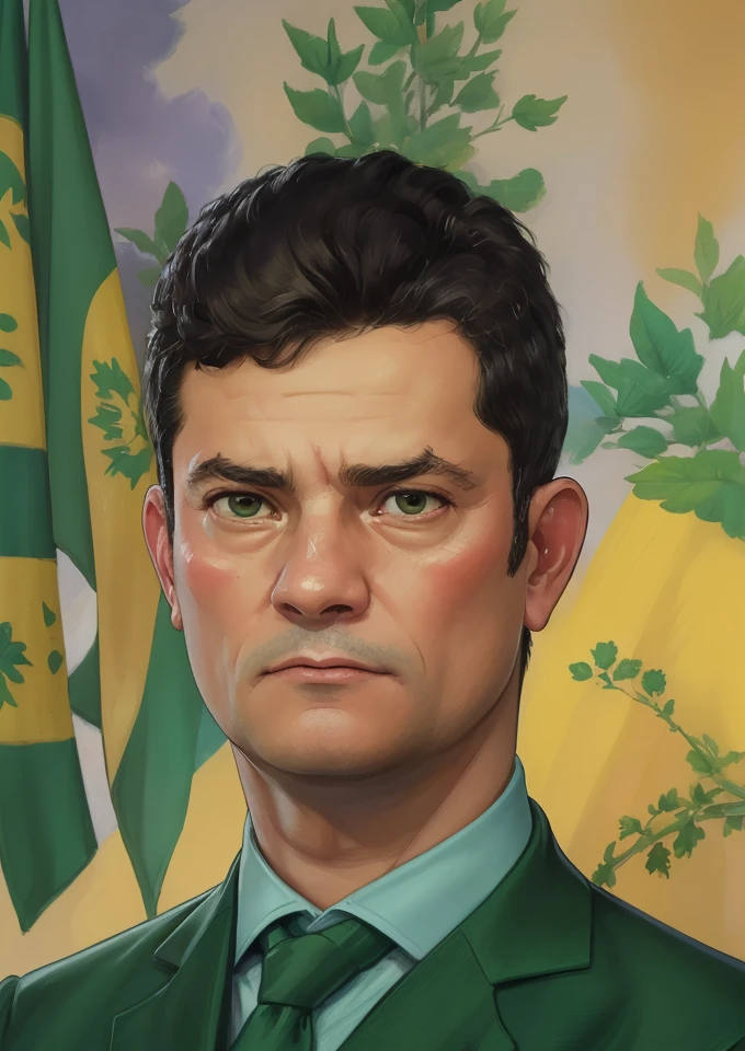 portrait painting of (sergiomoro) as judge, judge clothes, brazilian flag, green and yellow flag, impressionism, detailed and intricate, Hasselblad, classic painting, court background, (oil on canvas) <lora:sergiomoro:0.8> <lora:oil_painting:0.5> bichu