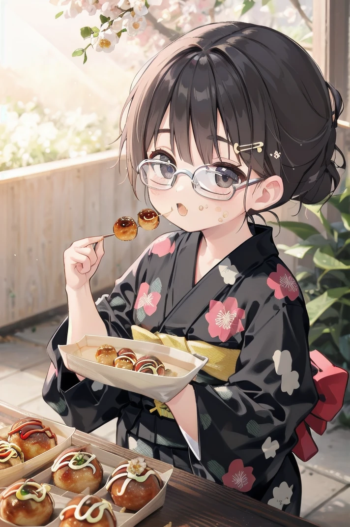 masterpiece, best quality, ultra highres,
takoyaki, 1girl, solo, food, glasses, black hair, looking at viewer, holding, yukata, eating, blush, sash, bangs, floral print, obi, takoyaki, plate
 <lora:takoyaki_SD15_V1:1>