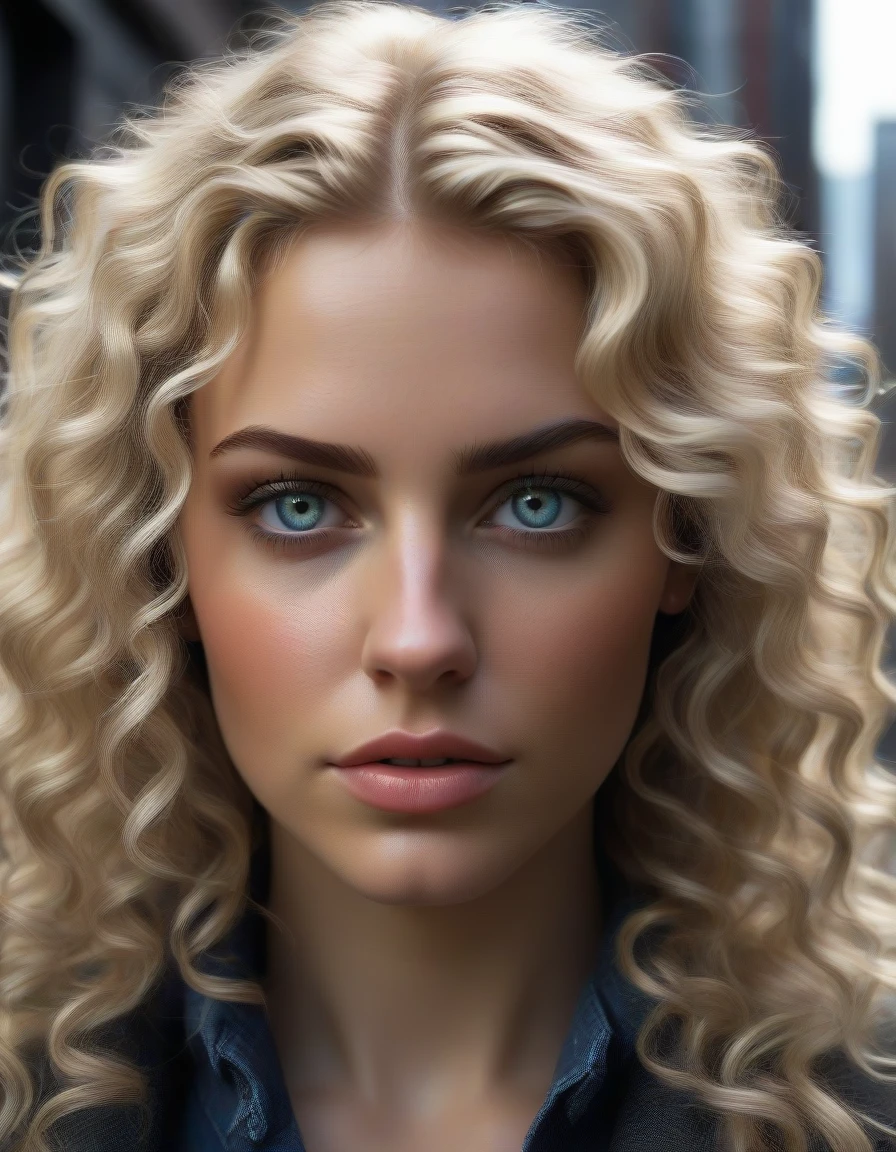 RAW close-up outdoor photograph of a woman with long curly blonde hair, grey eyes, standing on a New York City. sexy, provocative. deep colors, natural lighting, ethereal beauty, serene expression, mesmerizing eyes, intricate textures, divine presence, masterful composition, extraordinary detail, exquisite craftsmanship, awe-inspiring image, award winning, masterpiece best quality, realistic, 8k, micro intricate details, ultra unreal engine, intricate detail, epic image.