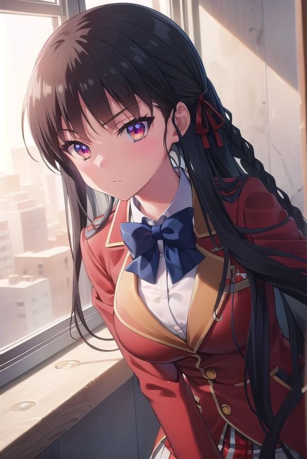 suzunehorikita, <lora:suzune horikita s2s3-lora-nochekaiser:1>,
suzune horikita, long hair, black hair, (red eyes:1.3), hair ribbon, braid,
BREAK bow, school uniform, jacket, bowtie, blue bowtie, blazer, (red blazer:1.5), skirt, white skirt,
BREAK indoors, classroom,
BREAK looking at viewer, (cowboy shot:1.5),
BREAK <lyco:GoodHands-beta2:1>, (masterpiece:1.2), best quality, high resolution, unity 8k wallpaper, (illustration:0.8), (beautiful detailed eyes:1.6), extremely detailed face, perfect lighting, extremely detailed CG, (perfect hands, perfect anatomy),
